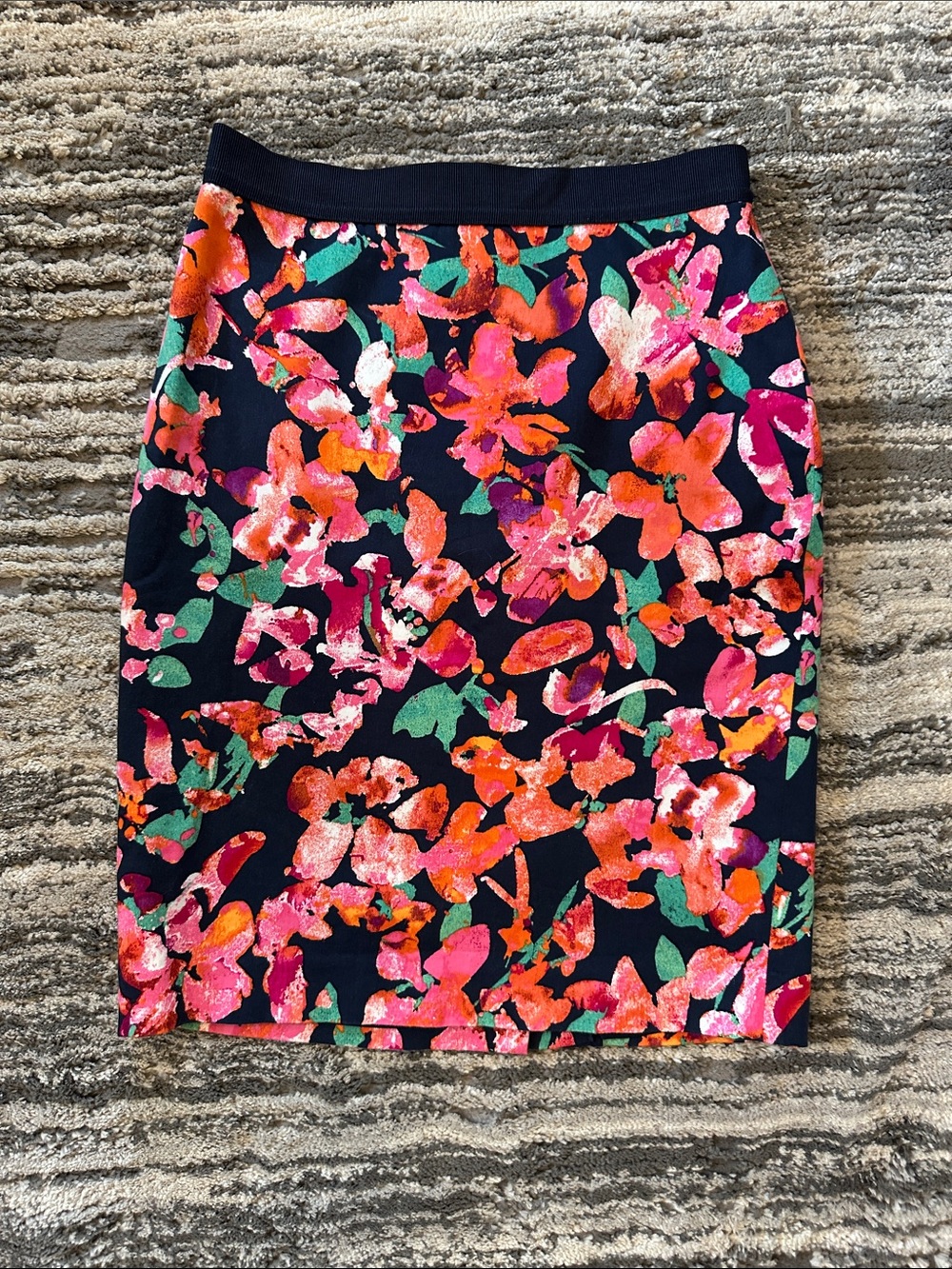 Ann Taylor Floral Pencil Skirt in Navy with Pink & Orange Blooms
